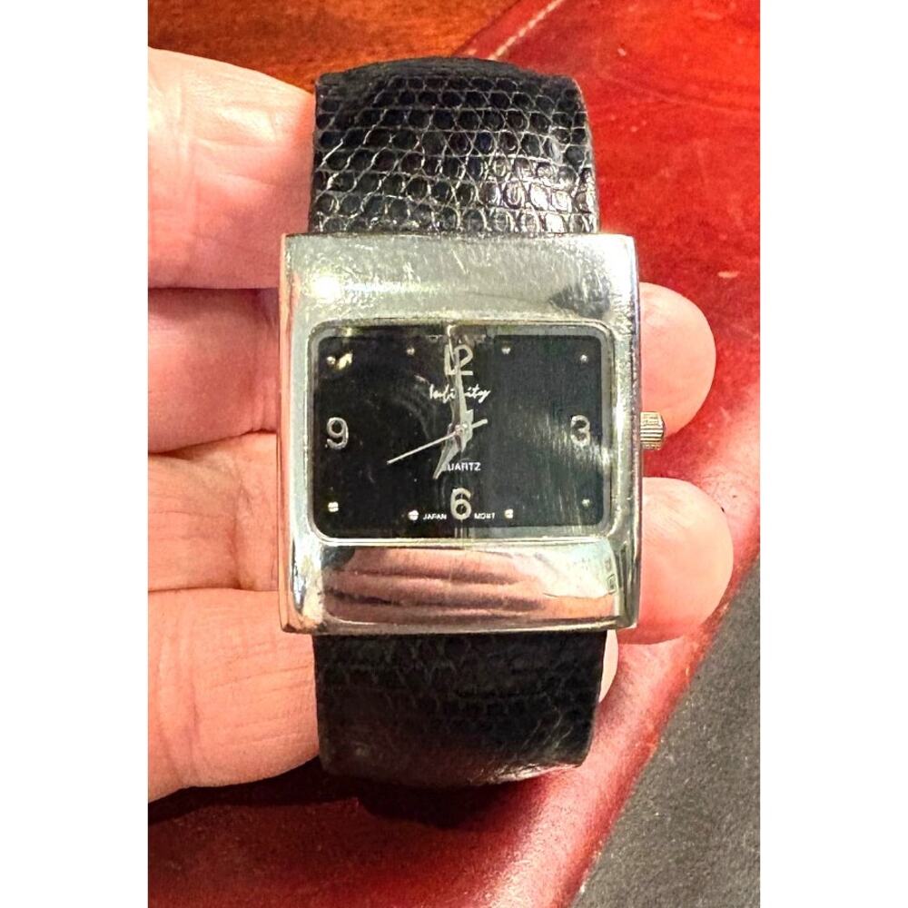 Women's 32mm Silver Tone Infinity Bangle Watch, Black Lwather Wrapped Band